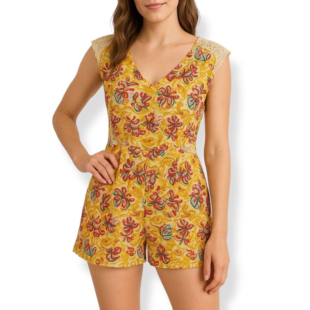 Ark & Co Antique Gold Floral Print Lace V-Back Romper